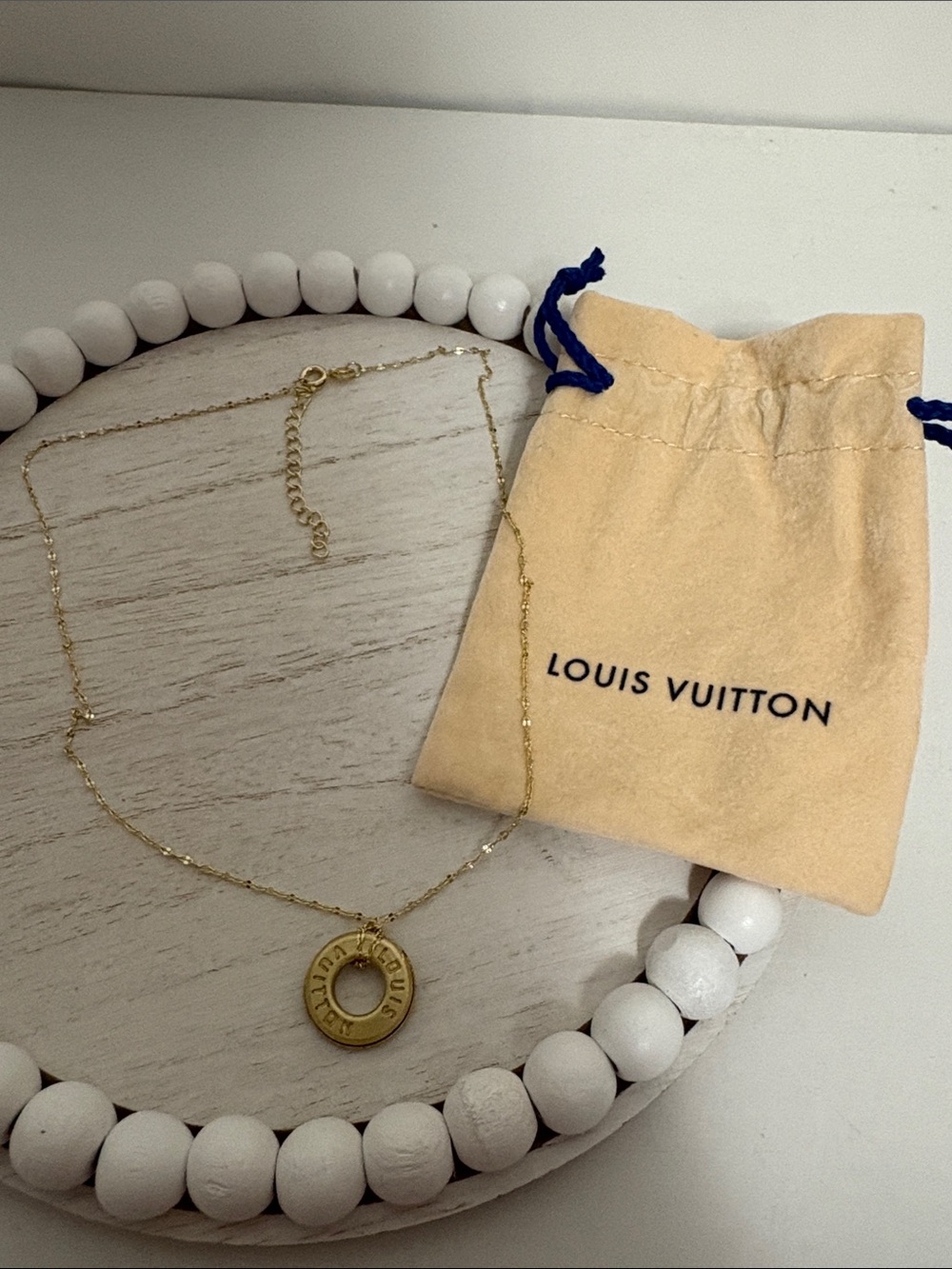 Upcycled Louis Vuitton Gold Tone Circular Logo Pendant Necklace